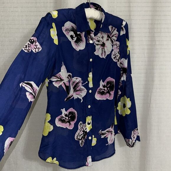 J. Crew XS Blue Pink Yellow White Black Floral Cotton Silk Long Sleeve Shirt - Picture 7 of 13